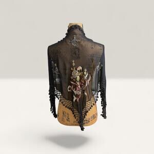 Vintage ATG Embroidered Beaded Fringe Scarf Wrap Shawl Whimsigoth Gypsy Boho‎